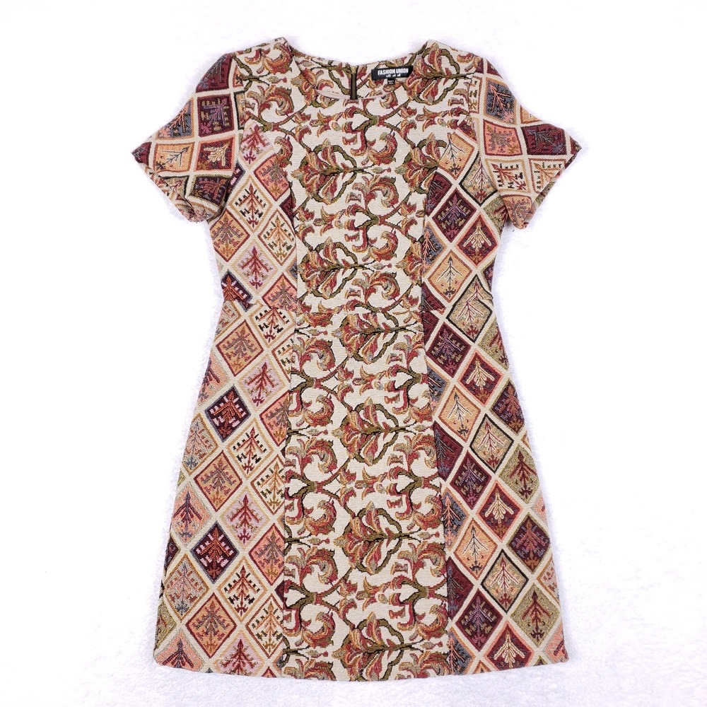 Fashion Union Tapestry Jacquard Short Sleeve Dress XS Multicolor Retro‎ Boho